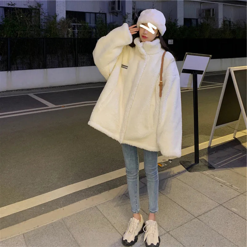 Women Winter Thicken Lamb Wool Coat Faux Fur Warm Stand Collar Outerwear Female Zipper Loose Jacket Full Sleeved Sweatshirts