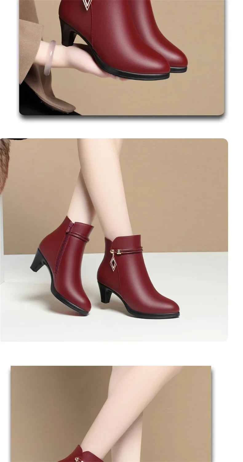 Comfort Fashion Soft Leather Winter Shoes Platform Boots 2024 Elegant Black Block High Heels Ankle Office Mom Boots