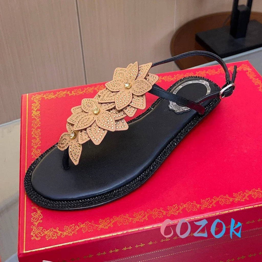 Elegant White Crystal Flower Pinch Toe Summer Flat Sandals Leather Ankle Buckle Strap Dress Shoes Women's Vacation Shoes