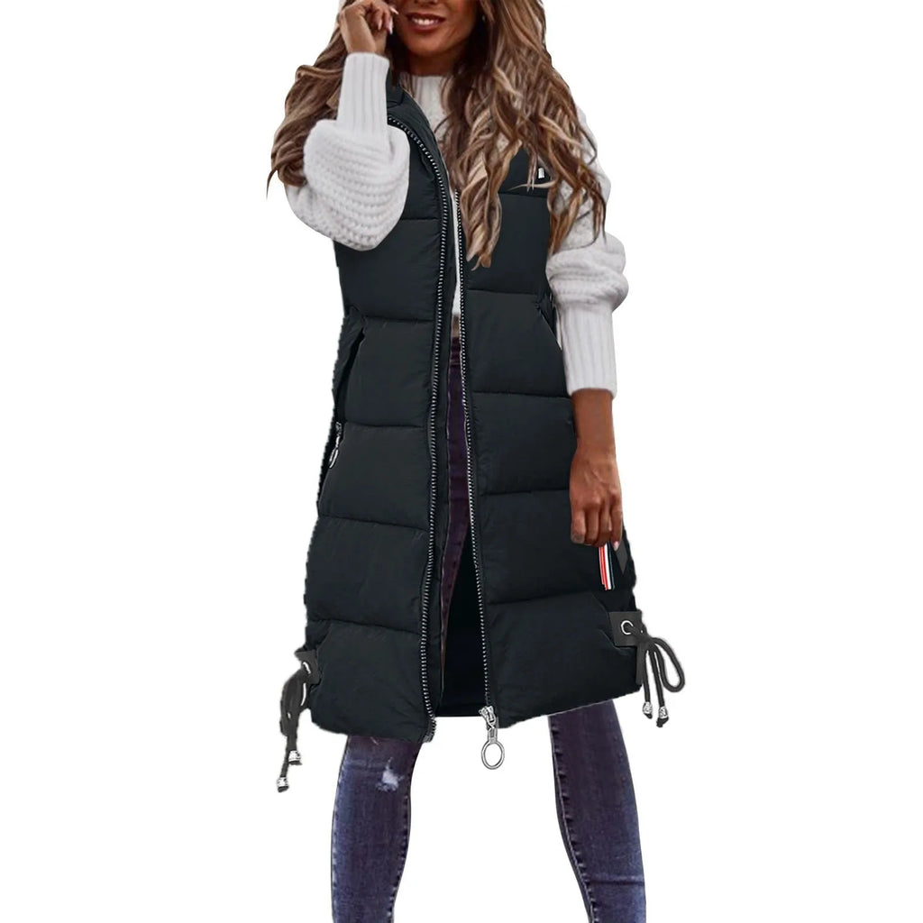 Women'S Autumn And Winter Temperament Sleeveless Cardigan Mid-Length Cotton Vest Vest Coat Abrigos Mujer Invierno Chamarras Muje