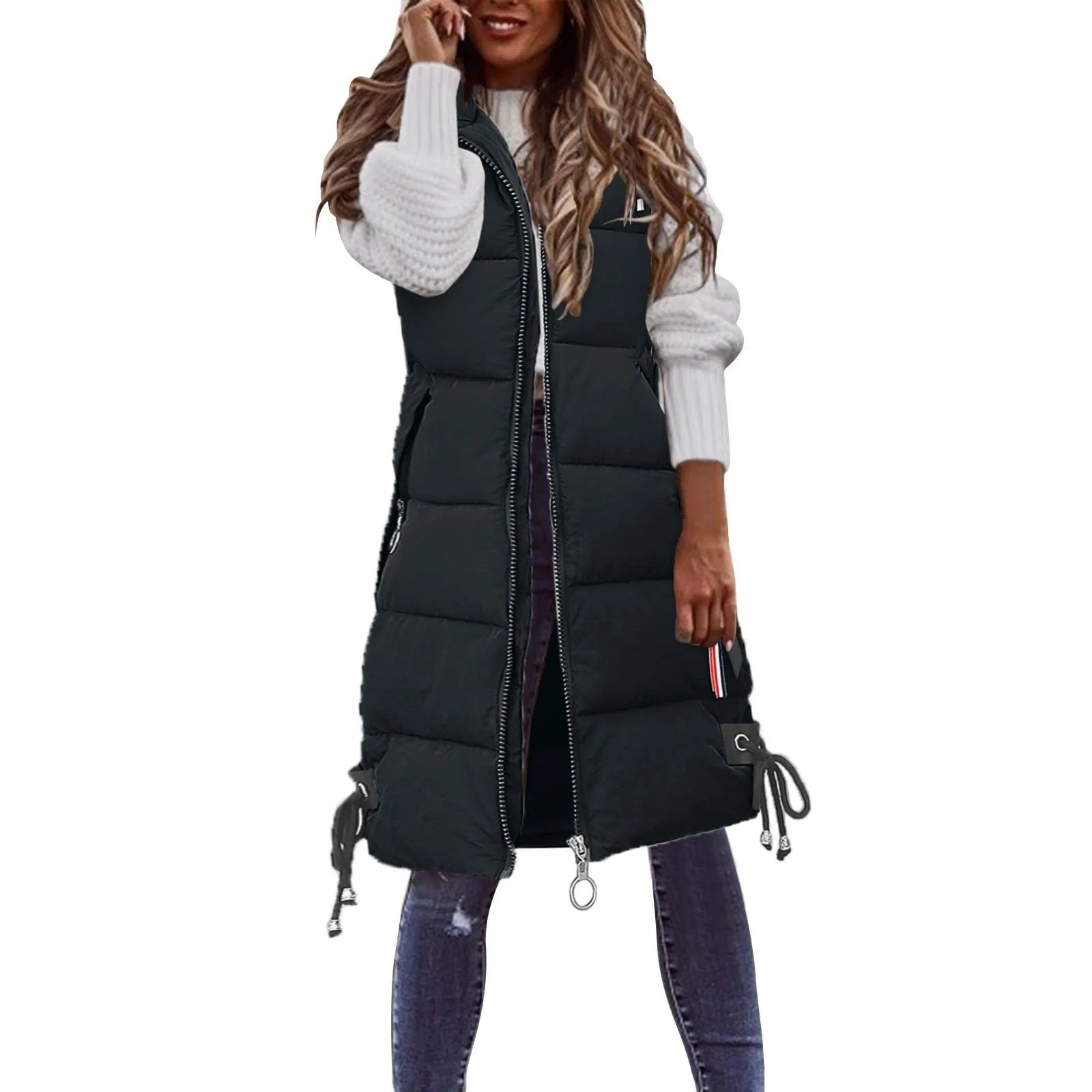 Women'S Autumn And Winter Temperament Sleeveless Cardigan Mid-Length Cotton Vest Vest Coat Abrigos Mujer Invierno Chamarras Muje