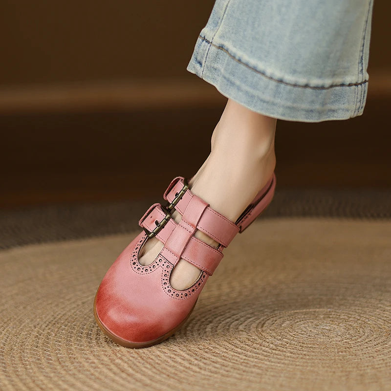 New Fashion Sandal Women Pumps Shoes Sexy Slingback Heels Retro Leather Party Casual Summer Round Toe Shoes Mueller Slippers