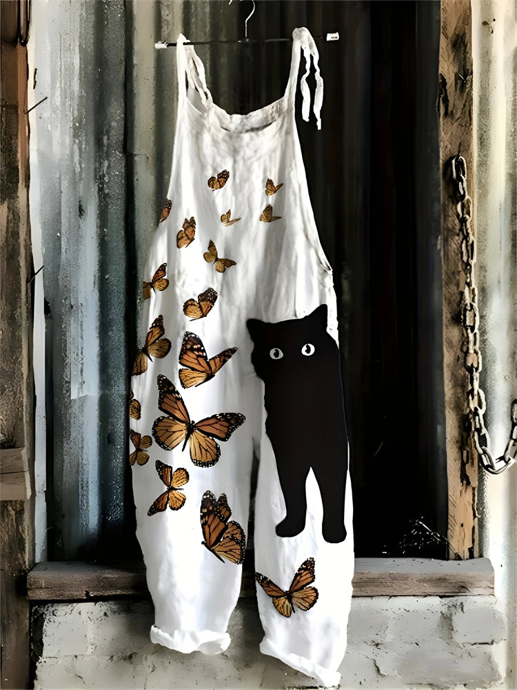 2025 New Spring And Summer Halter Jumpsuit Women's Fun Cat Print Pullover Halter Pants Casual Loose High Waist Jumpsuit