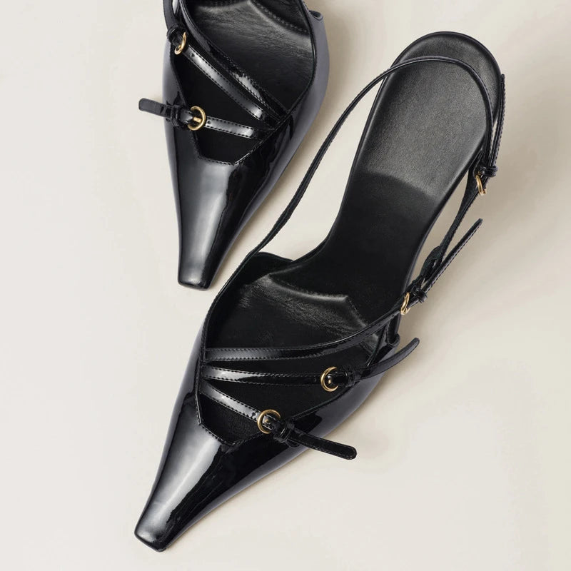 French Style Belt Buckle Wine Red Sandals 2024 Brand Summer Retro Patent Leather Socialite Temperament Pointed Black High Heels