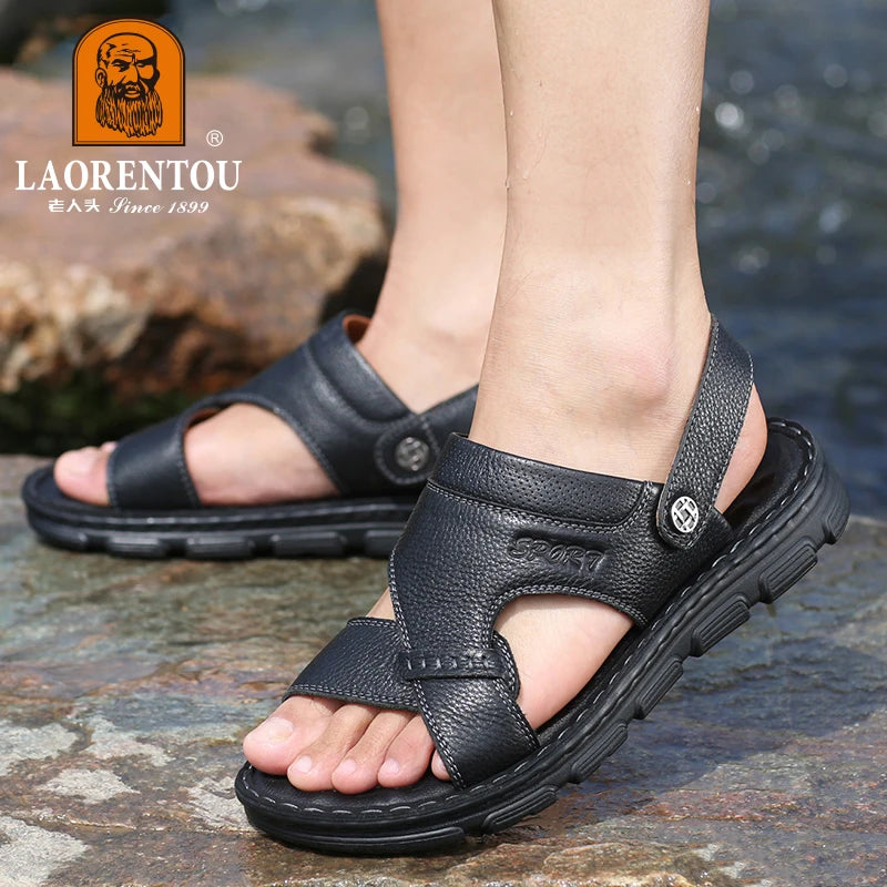 LAORENTOU cowhide breathable outdoor leisure beach shoes, anti slip thick sole leather sandals for external wear