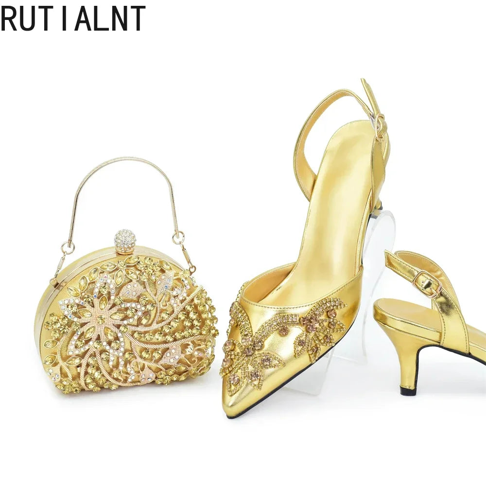 New Arrival Elegant Noble Royal Gold Color Party Wedding Pointed Toe High Heel Women Shoes and Bag Set Decorated with Rhinestone