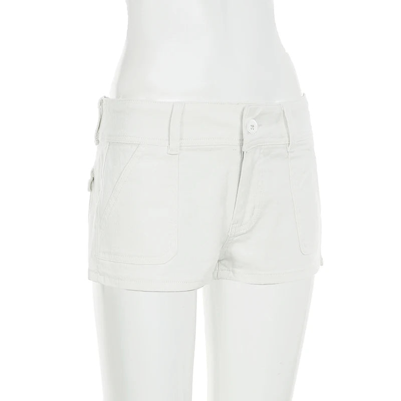 Y2K Women's Knitted White Shorts Pockets Sexy Low Rise Skinny Super Short Pants Streetwear Casual Summer Chic Basic Shorts Chic