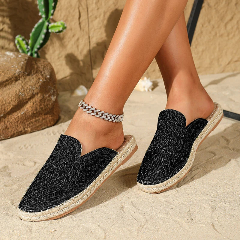 LIHUAMAO Slipper mesh espadrilles outdoor bohemian beach sandals ankle strap high heel pumps comfort csaual lady mule shoes