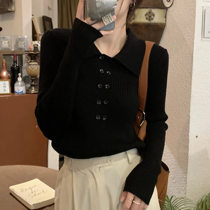 Turn-Down Collar Ribbed Pullover Sweater Women Autumn Winter Slim Long Sleeve Soft Warm Sweaters Ladies Knitted Tops