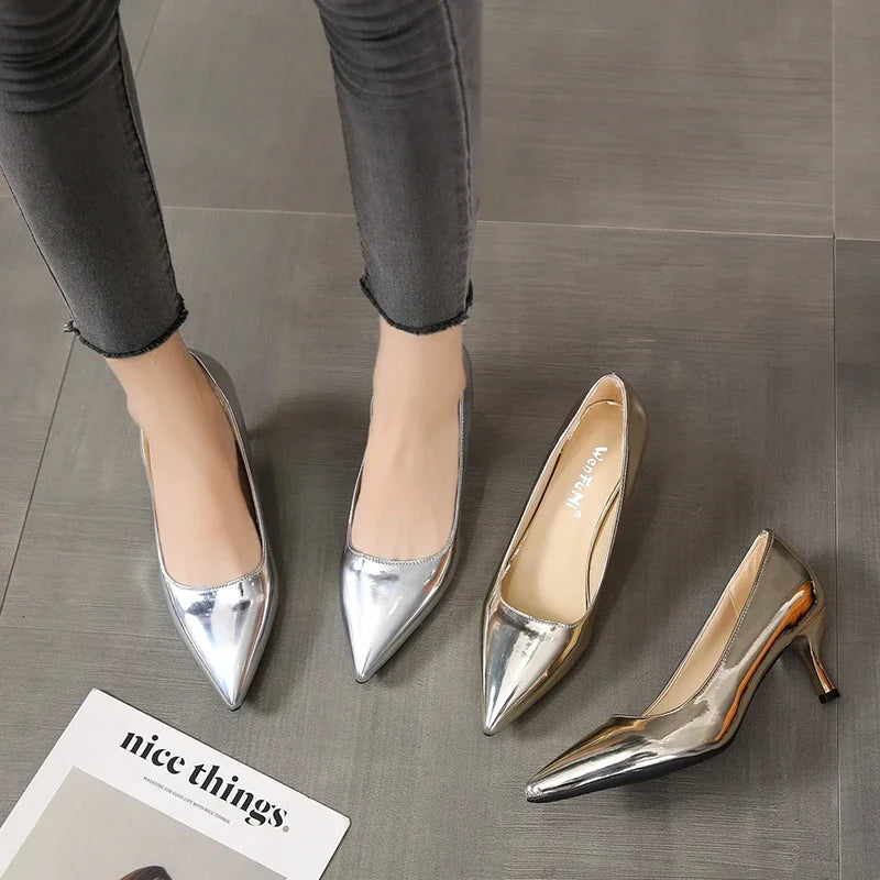 2024 New Lady Pointe Toe Gold Silver Pumps Female Wedding Bridal Shoes  Fashion Women Patent Leather High Heels Plus Size 45