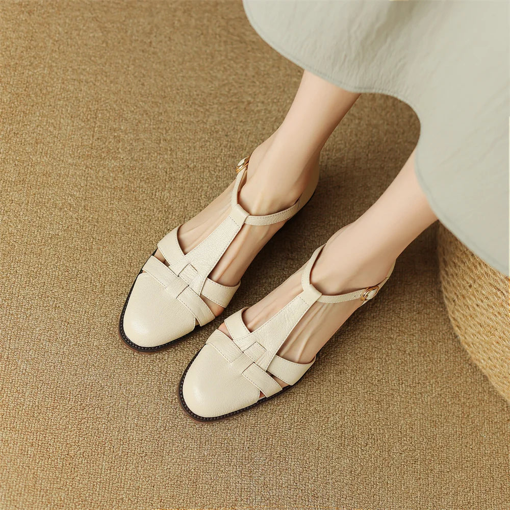 Women's genuine leather narrow band braided t-strap flats sandals round toe casual female summer roman style shoes for women hot