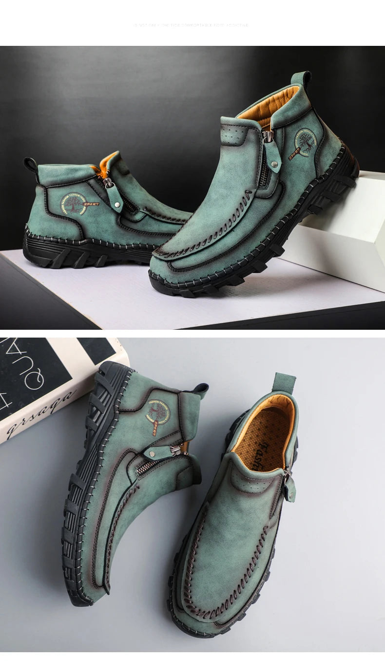 Men Boots Autumn Winter New Handmade High-top Casual Shoes Outdoor Non-slip Hiking Men Shoes Zipper Ankle Boots Plus Size 38-48
