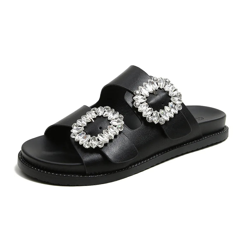 2025 Brand Rhinestone Buckle Sandals Women Double Band Slippers Crystal Shoes Ladies Casual Slides Slip On Flat Heels Flip Flops
