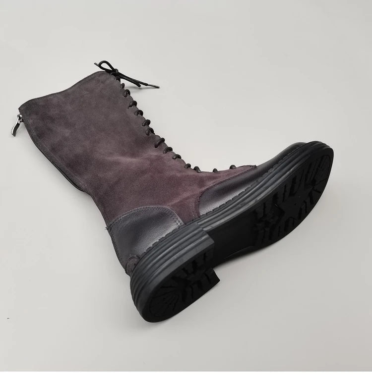 Autumn 2024 Shoes Long Noses Riding Boots Natural Leather Wide Toe Women's Boots Kne-High Cowhide Suede Single Lace-up booties