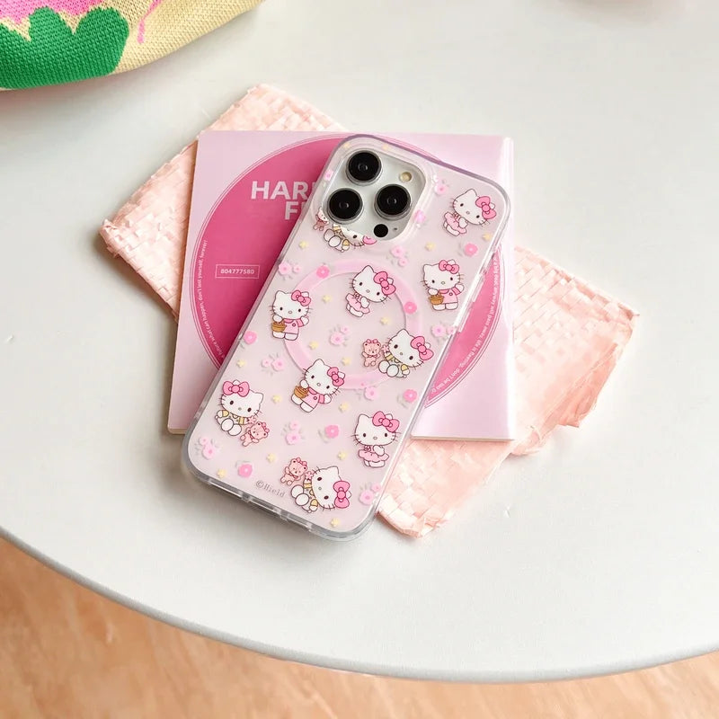 Cute Cartoon Sanrio Hello Kitty Magnetic Holder Magsafe Wireless Charge Phone Case For iPhone 15 14 13 12 11 Pro Max Hard Cover