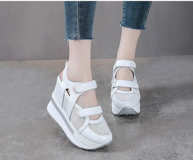 10cm Air Mesh Genuine Leather Platform 2025 Wedge Flats Sneakers Hook Summer Women Comfy Fashion Chunky Sneaker Sandals Shoes