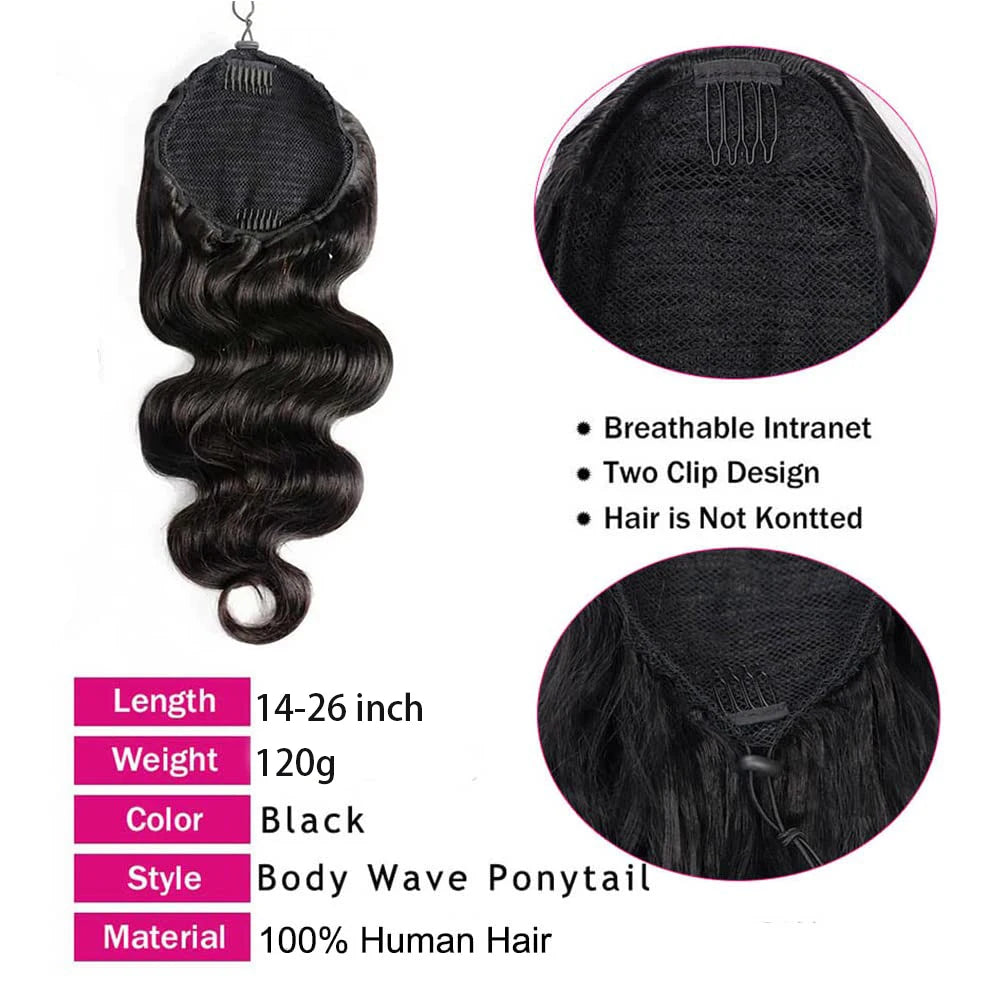 Body Wave Ponytail Extensions For Women 100% Real Human HairNatural Black Clip in Drawstring Ponytail Hair Extensions 10-26 Inch