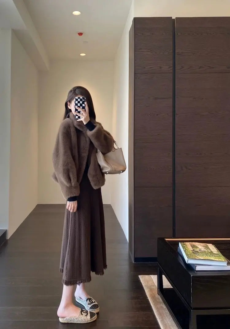 Spring Autumn Lady Short Leather Fur Outwear 2024 Women Fashion Stand Collar Mink Fur Top Female Long Sleeves Fox Jacket