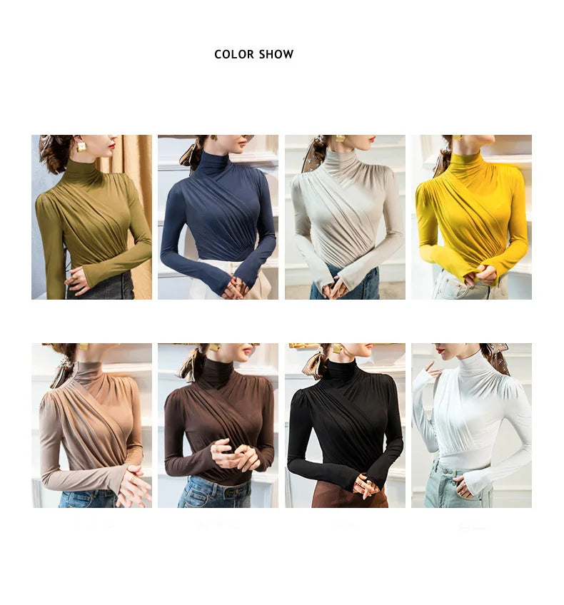 EVNISI Women Casual Thickening Warm Shirt Elegant Office Long Sleeved T-shirt Mock Neck Women Bottoming Tops 2024 Autumn Winter