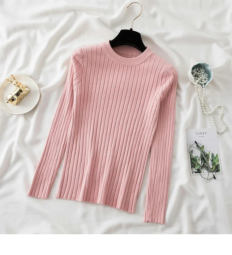 Autumn Winter 2025 Tops Pullovers Women Sweaters Knit Soft Jumper Tops O-Neck Ribbed Long Sleeve Korean Slim-fit Female Sweater