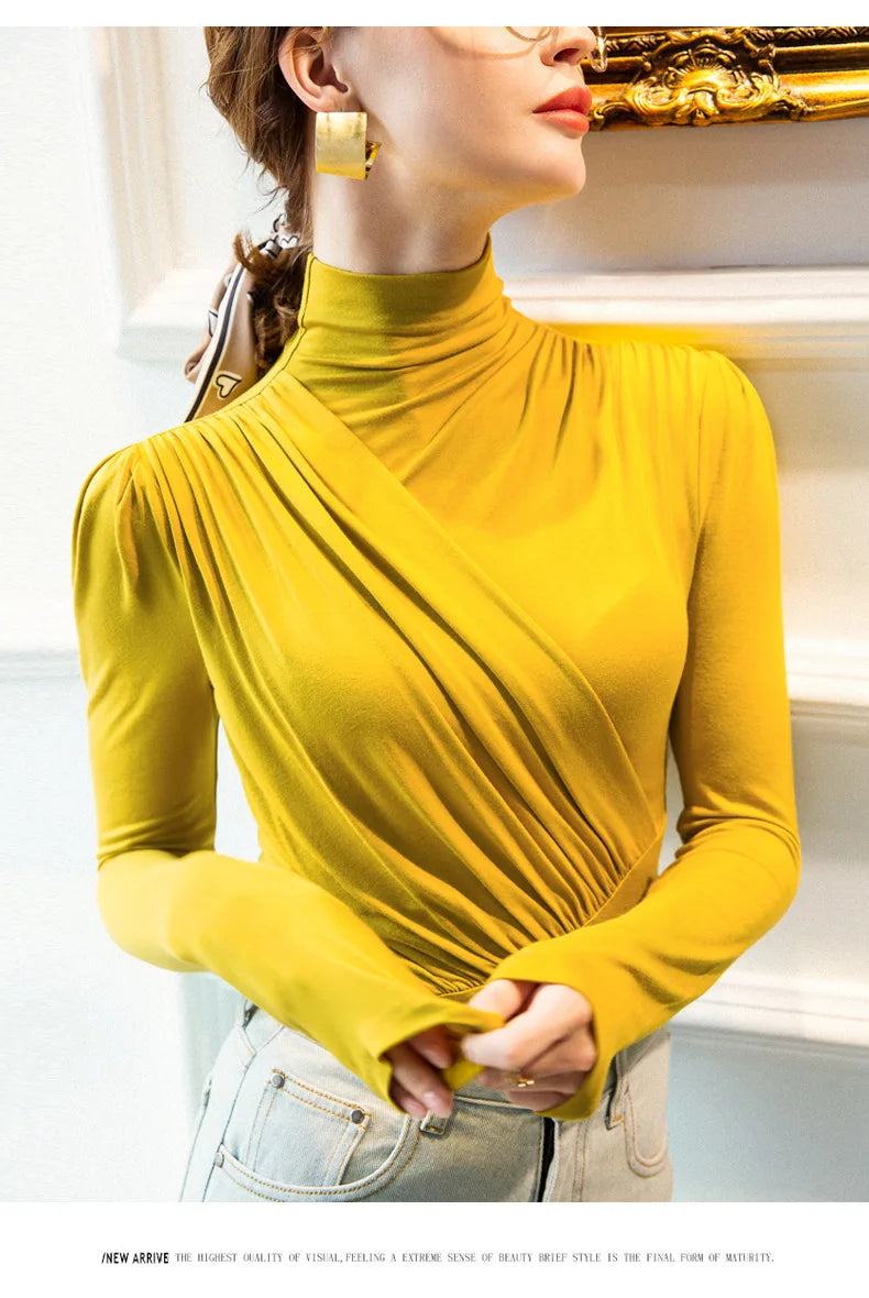 EVNISI Women Casual Thickening Warm Shirt Elegant Office Long Sleeved T-shirt Mock Neck Women Bottoming Tops 2024 Autumn Winter