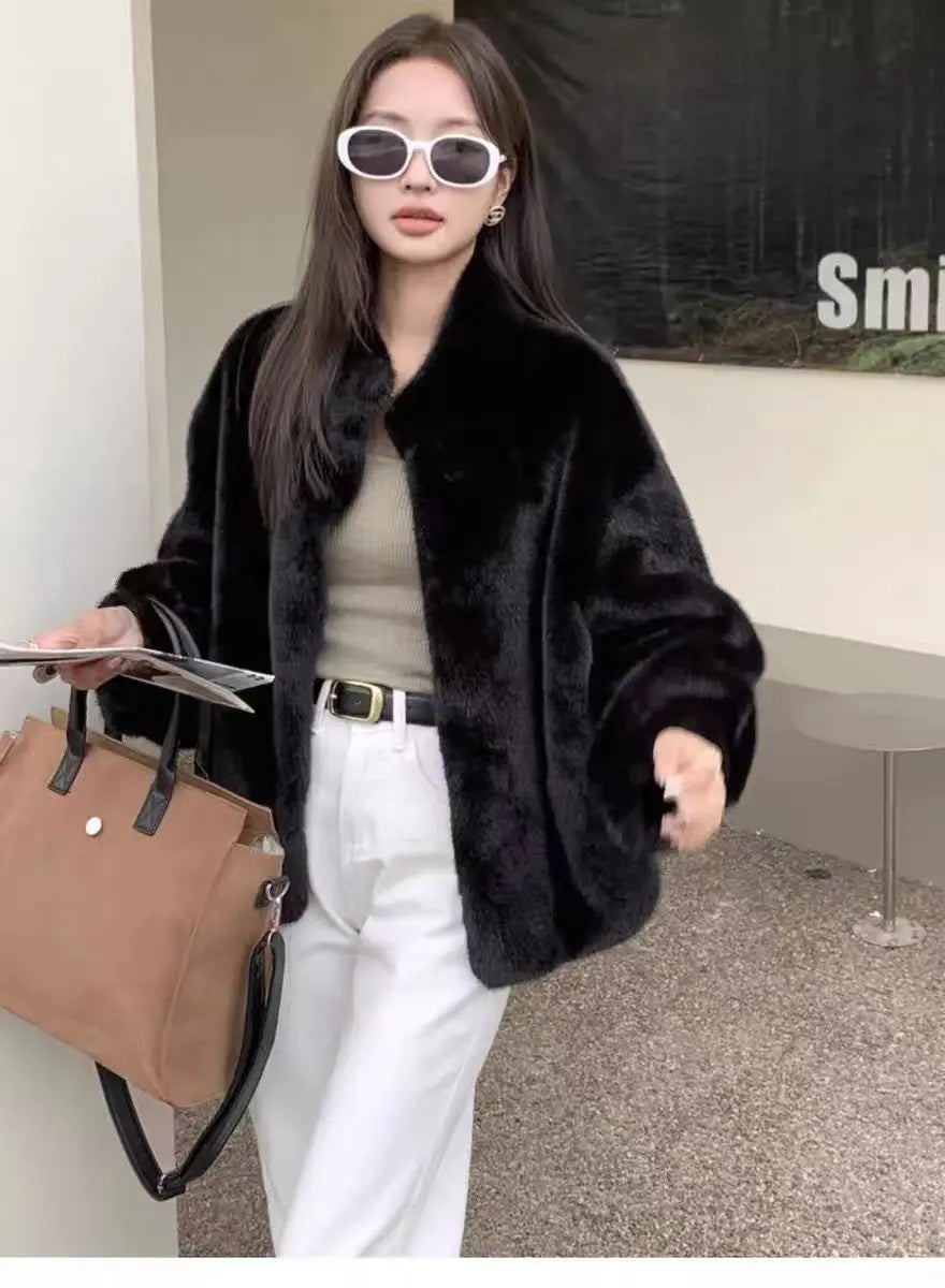Spring Autumn Lady Short Leather Fur Outwear 2024 Women Fashion Stand Collar Mink Fur Top Female Long Sleeves Fox Jacket