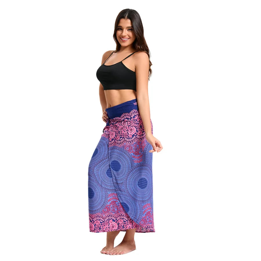 Women’s Boho Maxi Wrap Long Skirt Tie Up Beach Cover Up Dress Vintage Bohemian Adjustable High Waisted Holiday Rayon Dress