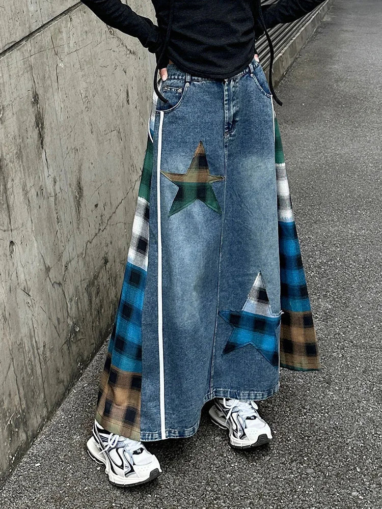 [EAM] High Elastic Waist Blue Back Plaid Denim Long A-line Half-body Skirt Women Fashion Tide New Spring Autumn 2025 1DH8117