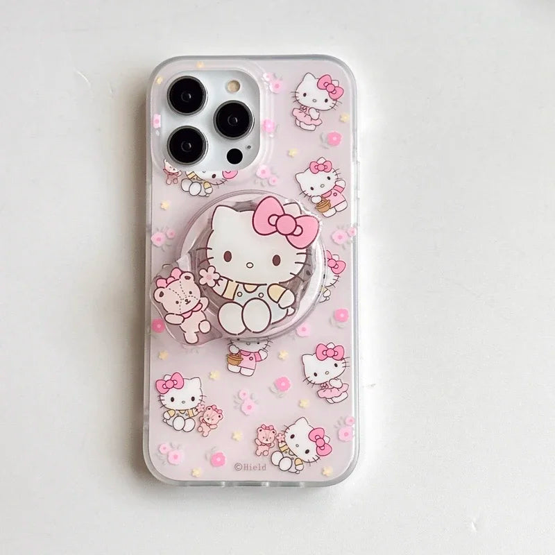 Cute Cartoon Sanrio Hello Kitty Magnetic Holder Magsafe Wireless Charge Phone Case For iPhone 15 14 13 12 11 Pro Max Hard Cover