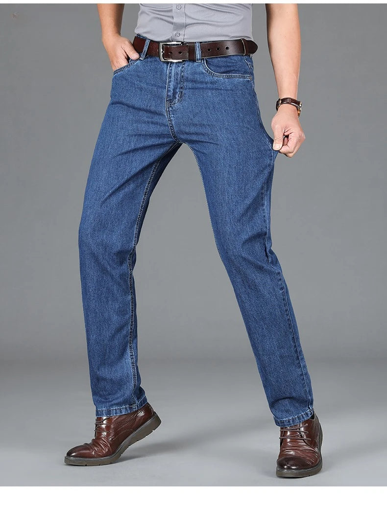100% Cotton Men's Brand Thin Business Jeans Straight Slim Classic Male Trousers Fashion Casual Breathable Summer Denim Pants