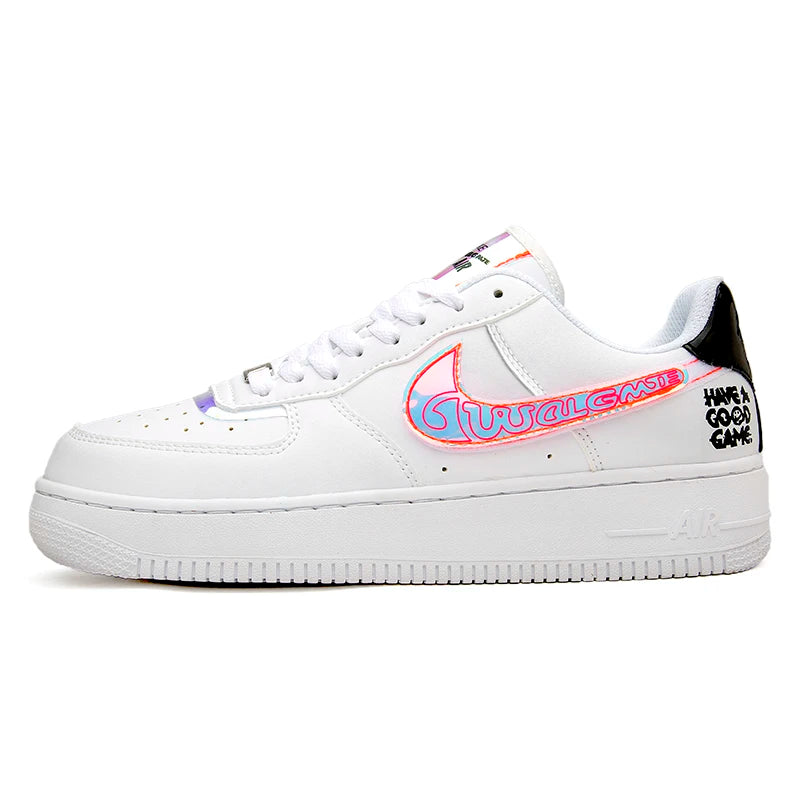 Aj1 Men's Air Force One Men's Shoes Video Game Pixel White Laser Joint Low-Top Sneakers Casual White Shoes