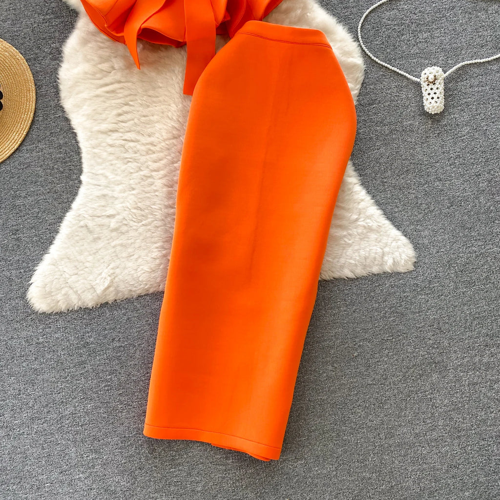 Sexy One-oulder Banded Waist Gown Set with Pleated Skirt Two-Piece Ensemble Courtly Sle Versatile Top f-length A-Line ...