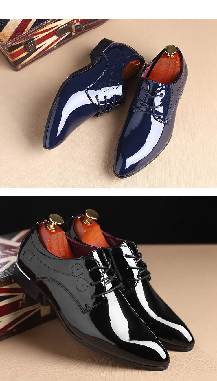 Men's Classic Retro Brogue Shoes Patent Leather Mens Lace-Up Dress Business Office Shoes Men Party Wedding Oxfords Sizes 38-48