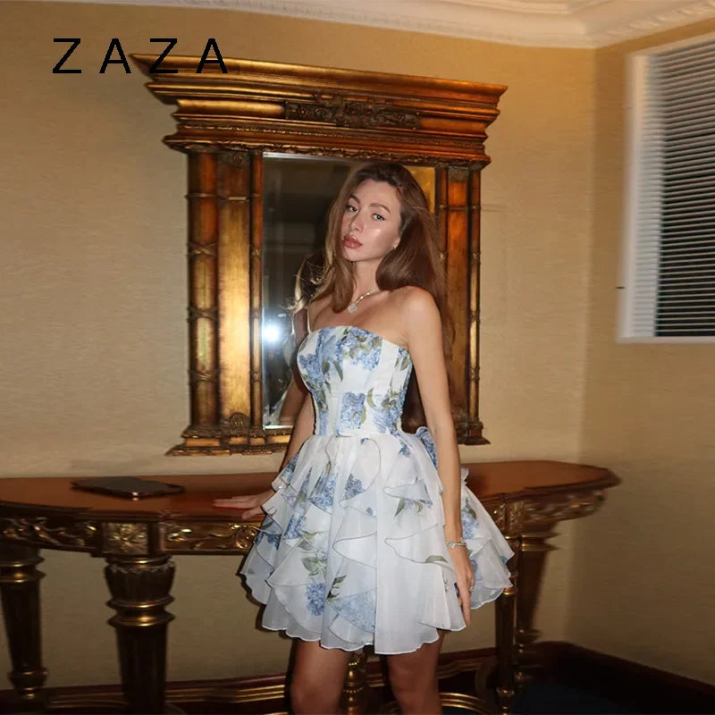 Chic Elegant Floral Printed Mini Dress Women Backless Sleeveless A Line Strapless Robes Pleated Hem Party Vestidos Lady Clorhing