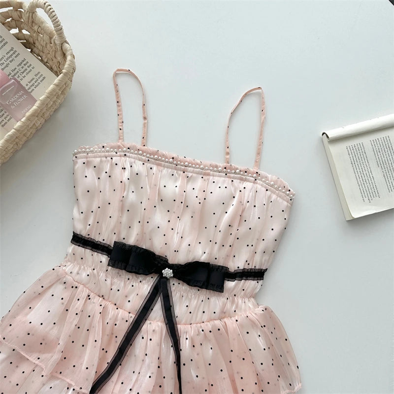 Japanese Elegant Sweet Original Design Evening Dress Women Dot Bow Strapless Pleated Party Dress Princess Casual Cute Clothing