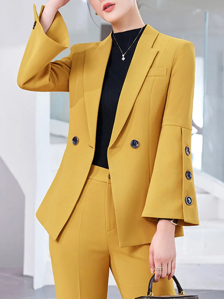 Yitimuceng Slim Blazers for Women 2024 Office Ladies New Fashion Long Sleeve Coats Solid Lapel Double Breasted Pant Suits
