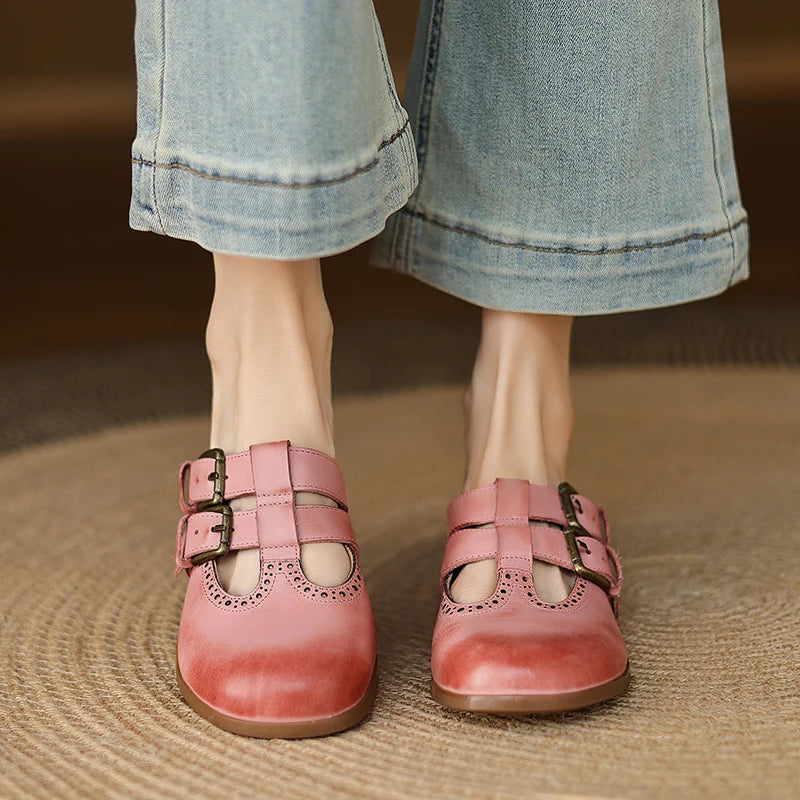 New Fashion Sandal Women Pumps Shoes Sexy Slingback Heels Retro Leather Party Casual Summer Round Toe Shoes Mueller Slippers