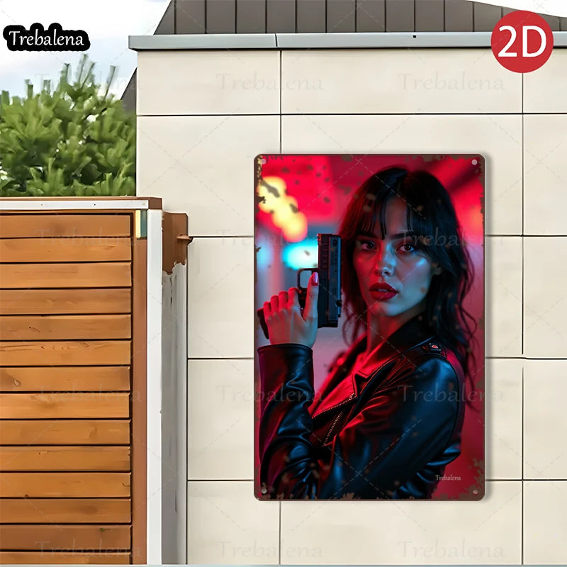 1PC 2D Flat 8*12inch Metal Sign Cyberpunk Woman with Gun Neon Style Artwork