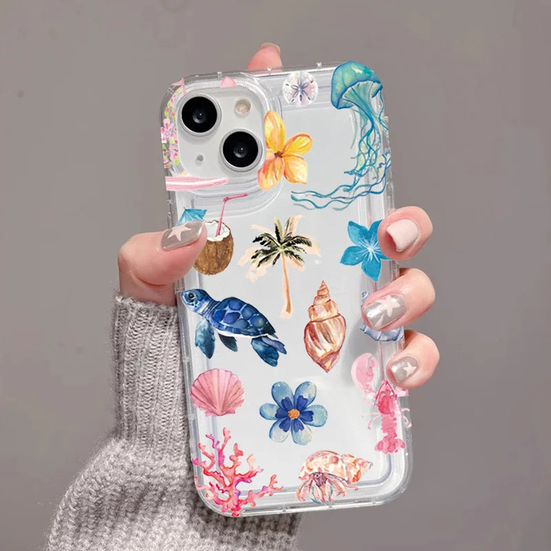 Transparent Turtle Lobster Coconut Print Case For iPhone 16E 16 15 14 13 12 11 Pro Max Mini Soft Covers
