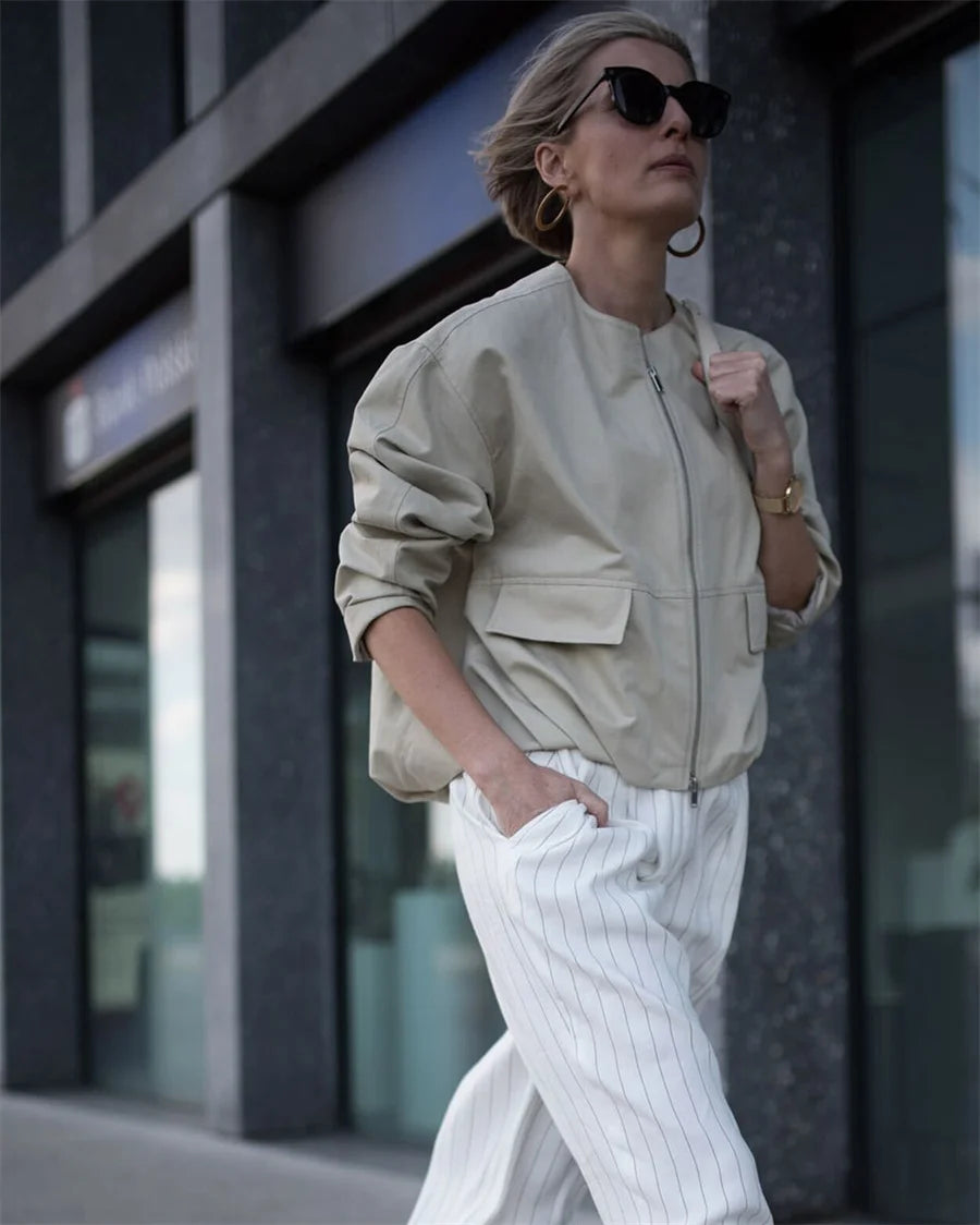 2025 Autumn Fashion Pocket Windbreaker Jackets Women Loose Crewneck Chic Outerwear Coat Female Short Jacket Mujer Clothes