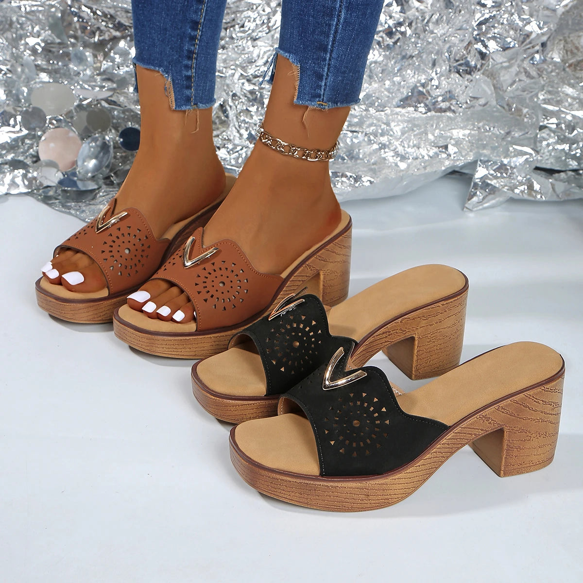 Retro Pu Leather High Heels Slippers for Women 2025 Summer Thick Bottom Platform Sandals Woman Lightweight Thick Heeled Shoes