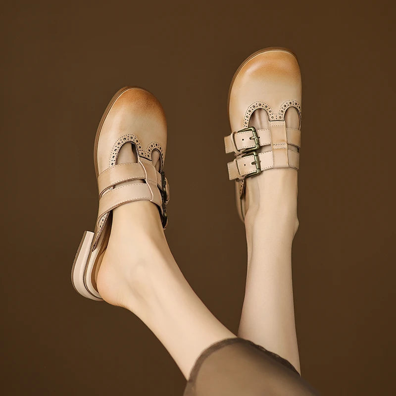 New Fashion Sandal Women Pumps Shoes Sexy Slingback Heels Retro Leather Party Casual Summer Round Toe Shoes Mueller Slippers