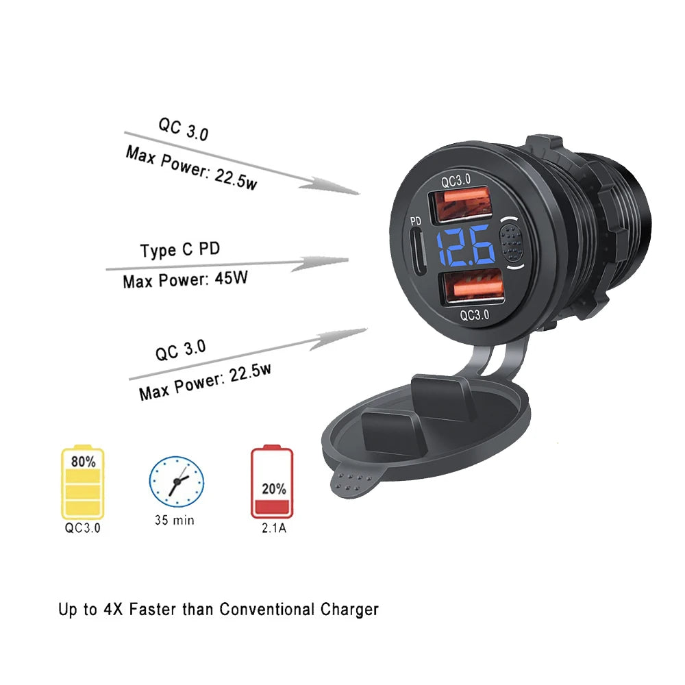 100W USB Outlet Car Charger Dual QC3.0 & PD 3 Ports USB C Socket with Voltmeter Touch Switch for Car Boat Marine Truck RV