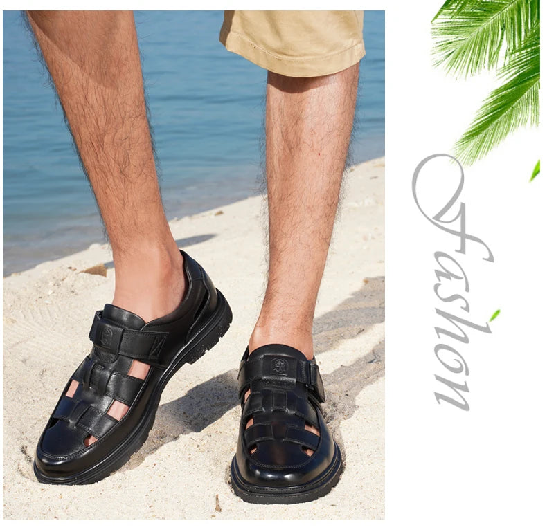 LAORENTOU leather sandals, men's breathable hollow hole shoes, toe wrapped cowhide, anti slip and wear-resistant casual  shoes