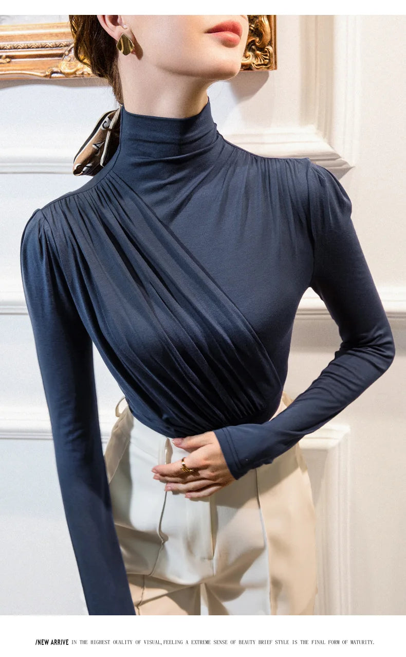 EVNISI Women Casual Thickening Warm Shirt Elegant Office Long Sleeved T-shirt Mock Neck Women Bottoming Tops 2024 Autumn Winter