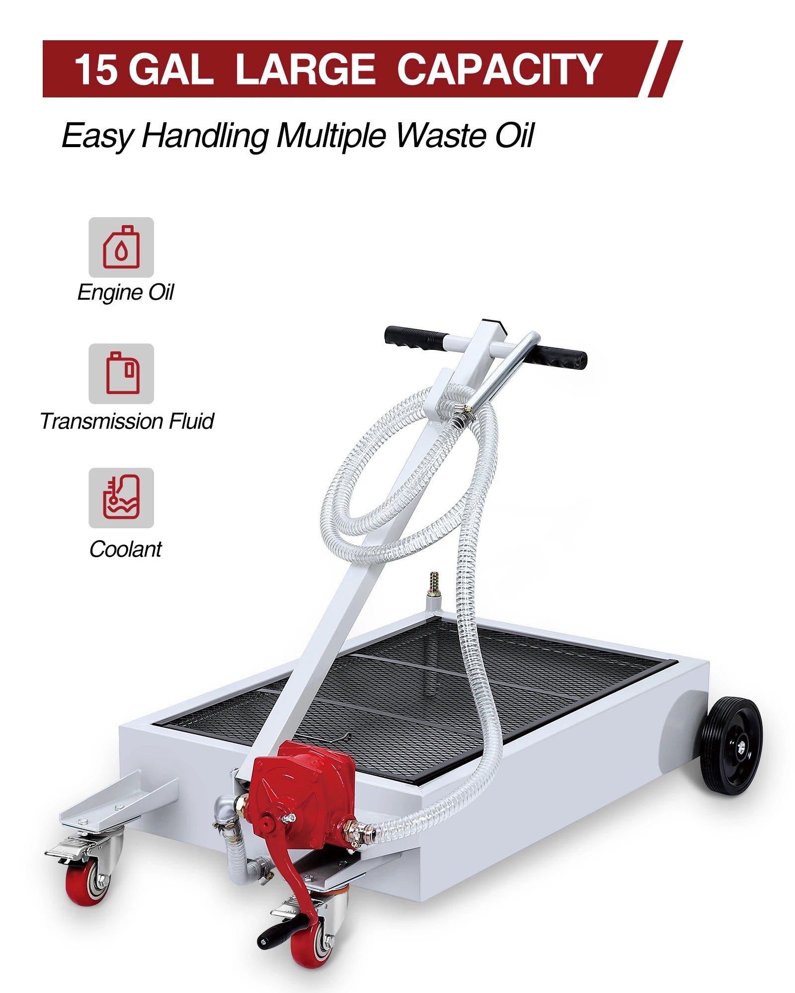 15 Gallon 17 Gallon Oil Drain Pan with Hand Pump & 8 Ft Hose 57L Low Profile T Foldable Handle Oil Drain Cart for Truck Car SUV