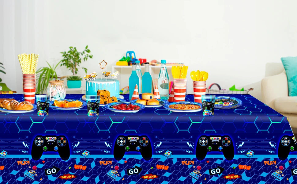 Gamer Birthday Decorations Blue, 65pcs Gaming Party Tableware Set - Game Themed Party Plate Cups Napkins Tablecloth etc