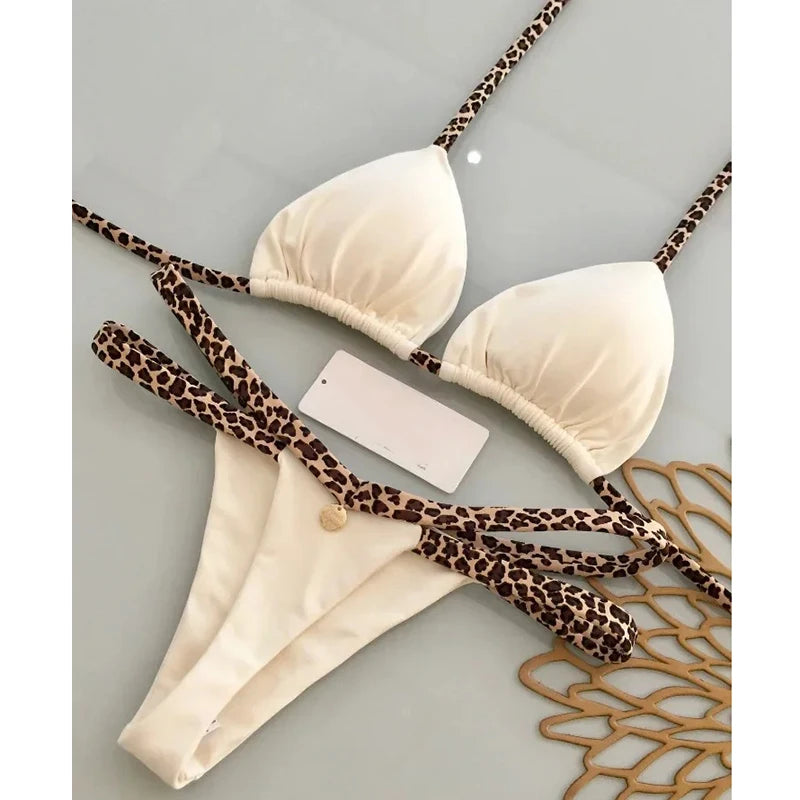 Sexy Bikini Set Bathing Suit Women Vintage Print Halter Lace-up Thongs Bikini Push Up Y2k Fashion Chic Beach Style Sexy Swimsuit