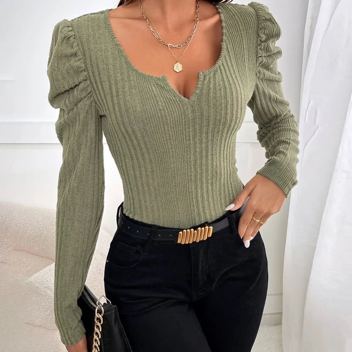 V-neck Puffy Sleeve Sweater Woman Spring Summer Explosion With Slim Short Base Shirt Long Sleeve Solid Color Blouse Woman
