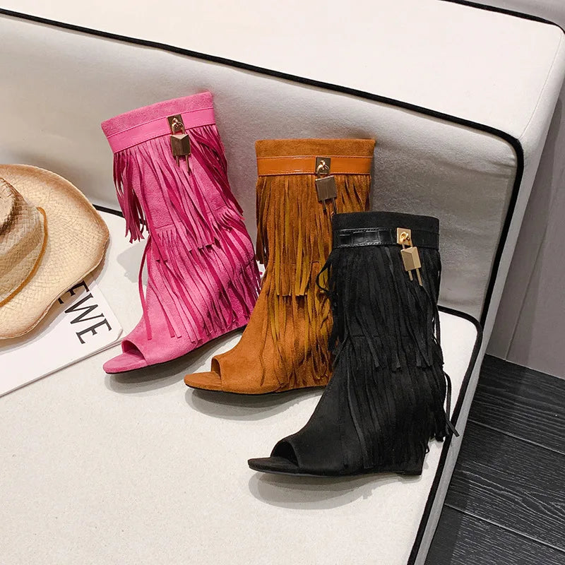 Designer Fringe Wedges Boot Sandals Woman High Heels Open Toe Party Prom Shoes 2025 Sexy Zipper Female Pumps Women Boots